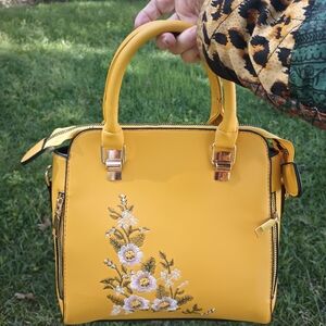 Yellow Floral Embroidered Dome Satchel with Top Handles